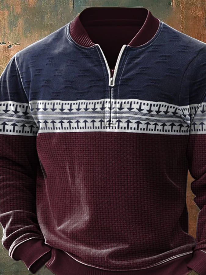 Men'S Casual Retro Contrast Color Half Zip Stand Collar Long Sleeve Sweatshirt