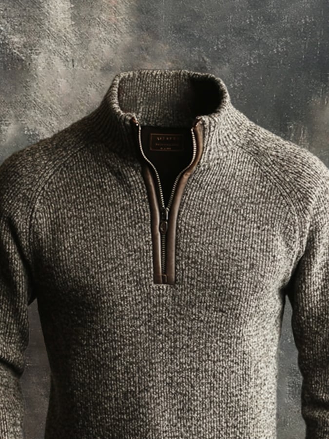 Men's Retro Stitching Contrast Leather Zipper Stand Neck Sweater