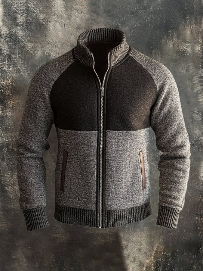 Men's Retro Stitching Contrast Leather Zipper Stand Collar Sweater Jacket