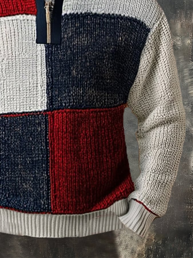 Men's Retro Stitching Contrast Color Zipper Neck Sweater