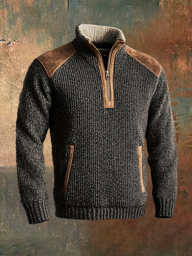 Men's Retro Stitching Contrast Leather Zipper Stand Neck Sweater