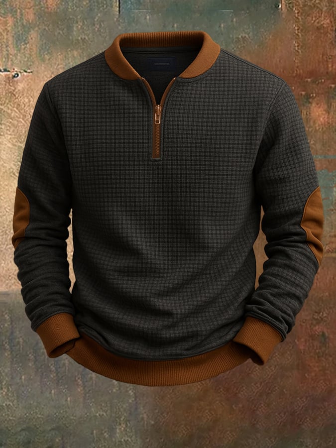 Men's Casual Retro Solid Color Half Zip Stand Collar Waffle Sweatshirt