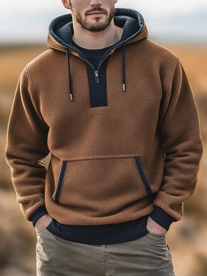 Men's Retro Warm Sherpa Textured Hooded Casual Long-sleeved Sweatshirt