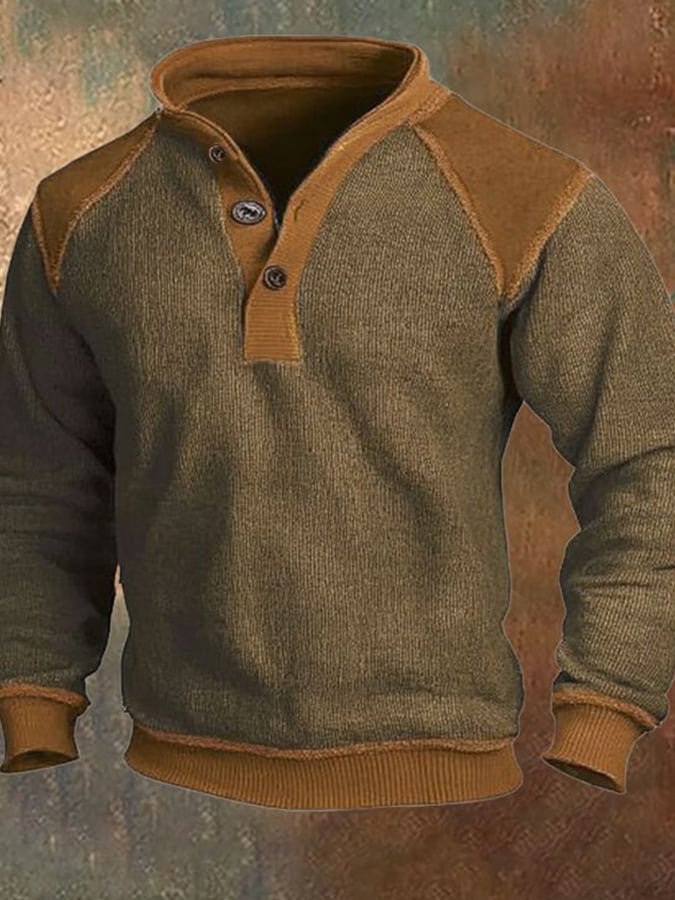 Men'S Casual Retro Contrast Color Stand Collar Long Sleeve Sweatshirt