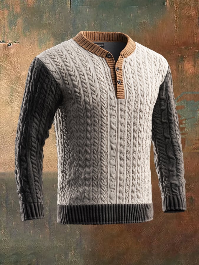 Men's Retro Cable-Twist Textured Henley Neck Sweater