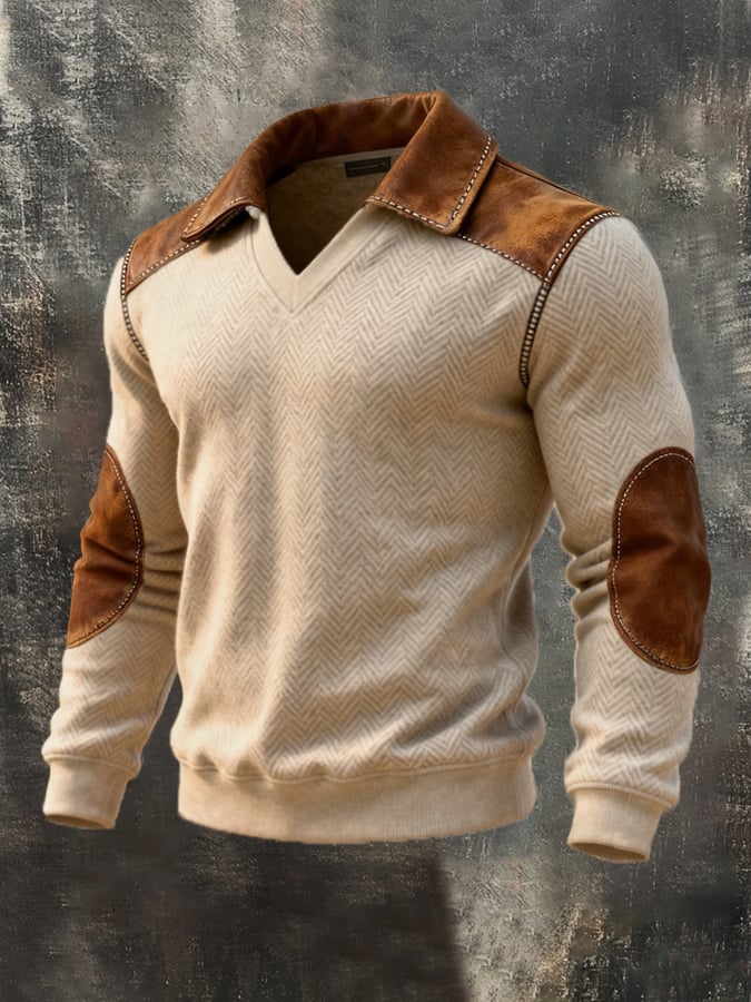 Men's Retro Stitching Contrast Color Herringbone Pattern V-Neck Lapel Sweatshirt