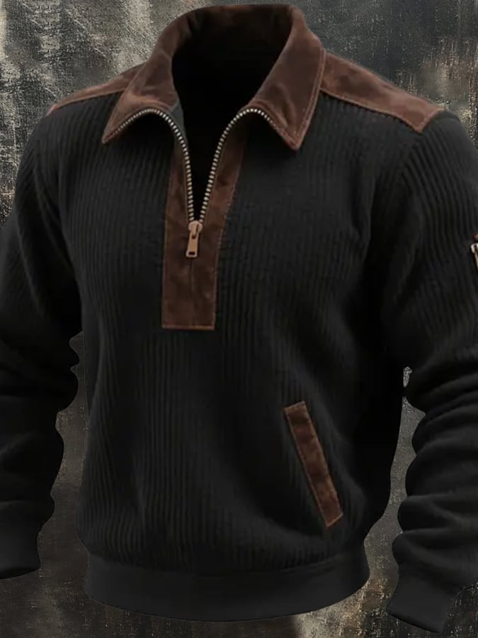 Men'S Casual Contrast Color Zipper Lapel Long Sleeve Sweatshirt