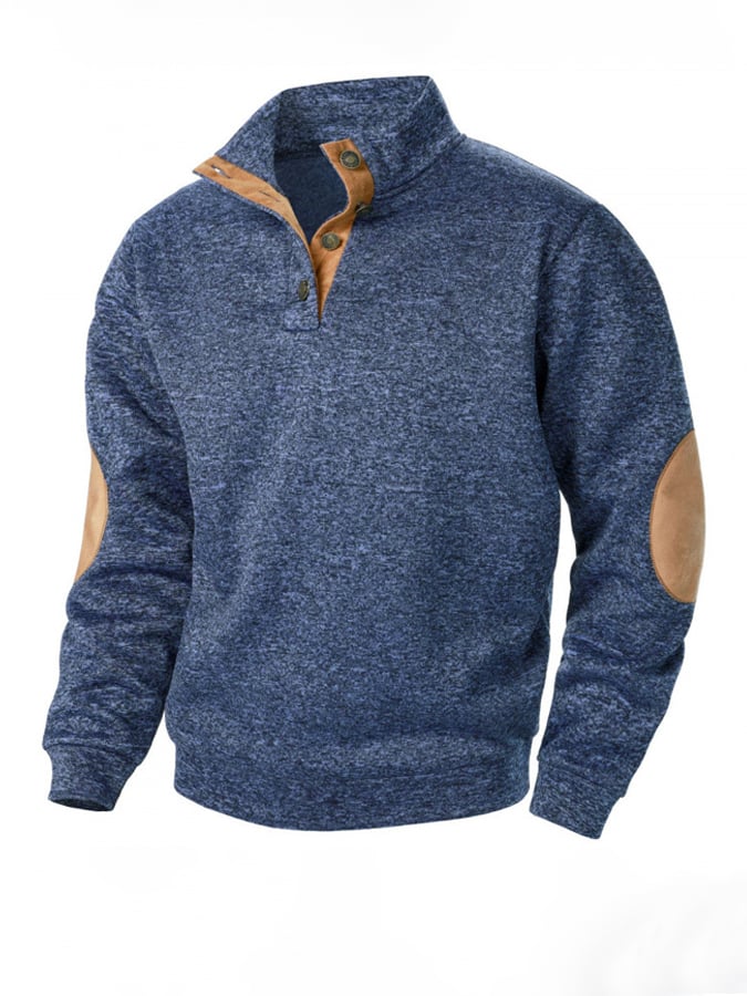 Men's Retro Stitching Contrast Color Henley Collar Long Sleeve Sweatshirt