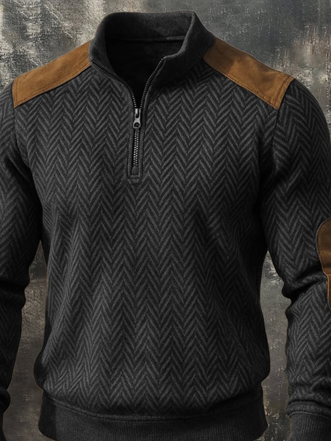 Men'S Casual Retro Contrast Color Zipper Stand Collar Long Sleeve Sweatshirt