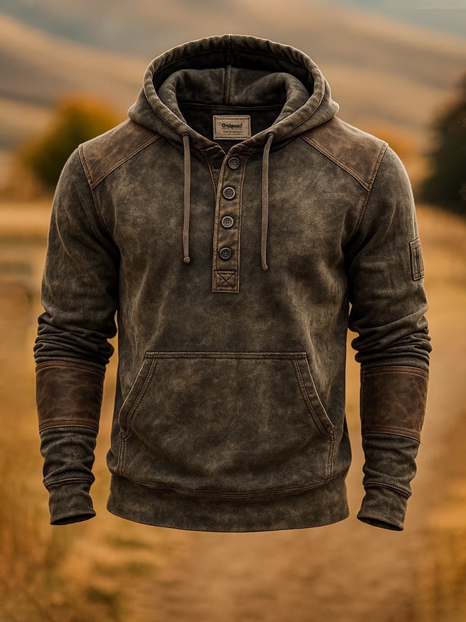 Men's Vintage Distressed Leather Panel Hooded Sweatshirt