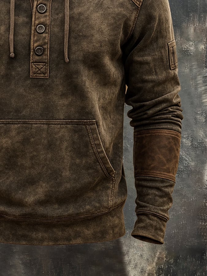 Men's Vintage Distressed Leather Panel Hooded Sweatshirt