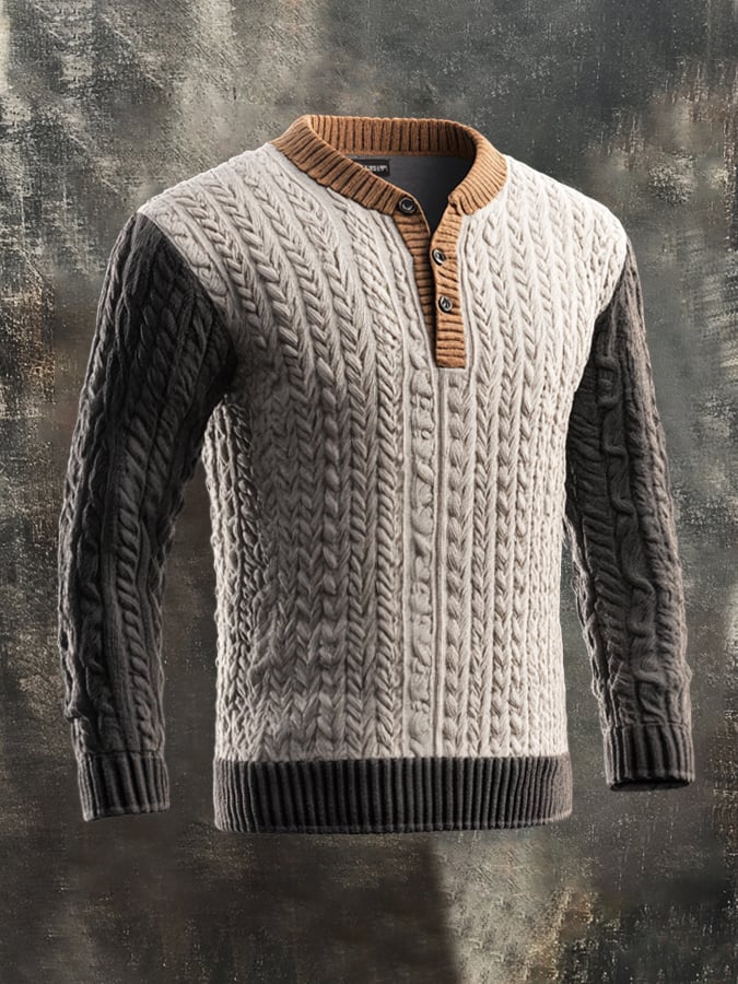 Men's Retro Cable-Twist Textured Henley Neck Sweater