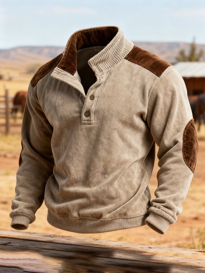 Men's Retro Stitching Contrast Color Henley Collar Long Sleeve Sweatshirt