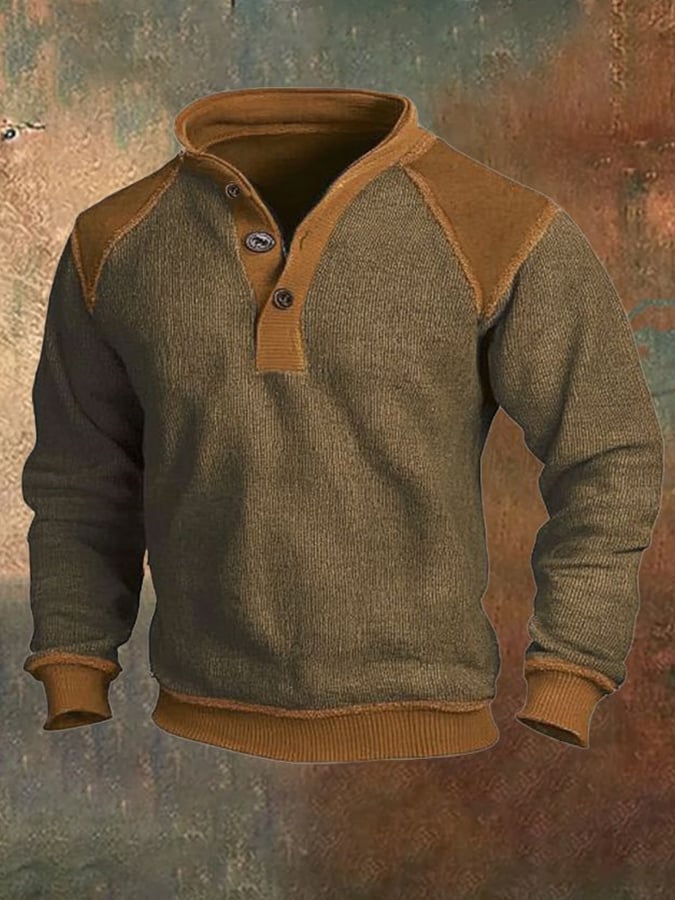 Men'S Casual Retro Contrast Color Stand Collar Long Sleeve Sweatshirt