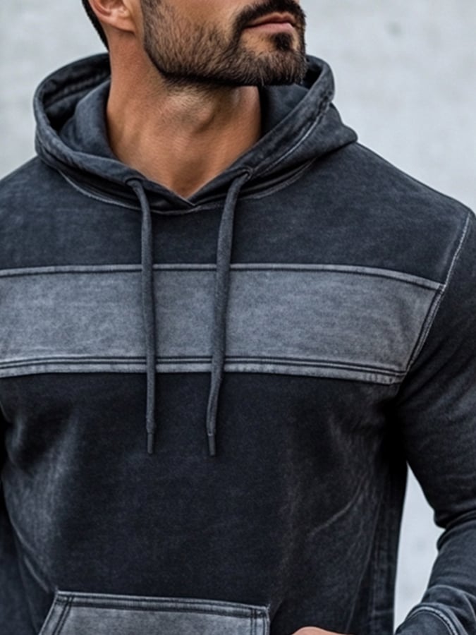 Men'S Stylish Patchwork Contrast Color Casual Hooded Sweatshirt