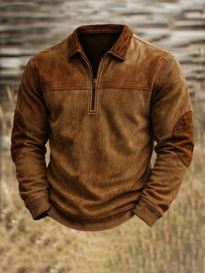 Men's Vintage Distressed Corduroy Zip-Up Collar  Sweatshirt