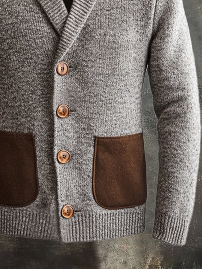 Men's Retro Stitching Contrast Color Cashmere Button Lapel Sweater Jacket