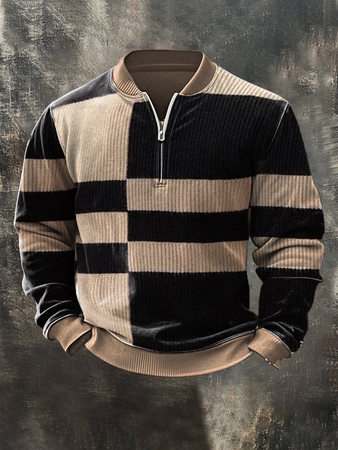 Men'S Casual Retro Contrast Color Half Zip Stand Collar Long Sleeve Sweatshirt