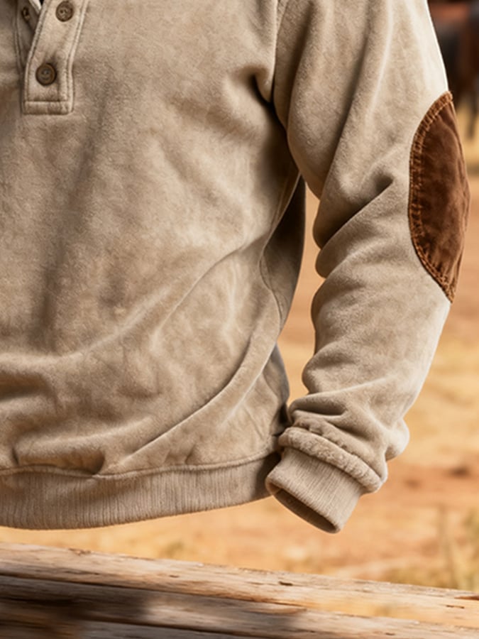 Men's Retro Stitching Contrast Color Henley Collar Long Sleeve Sweatshirt