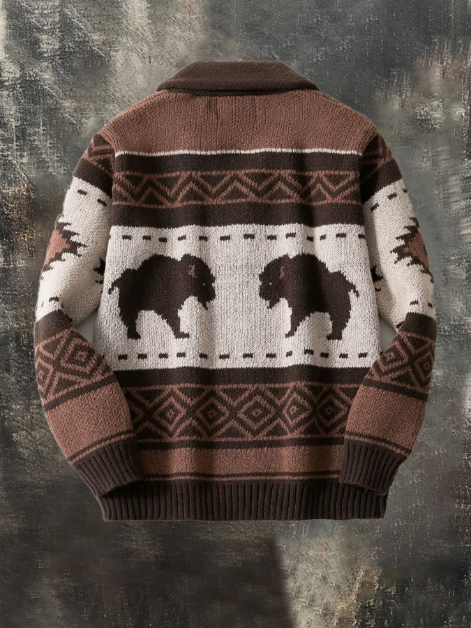 Men's Retro Jacquard Sweater Autumn and Winter Thickened Cardigan Outdoor Sweater