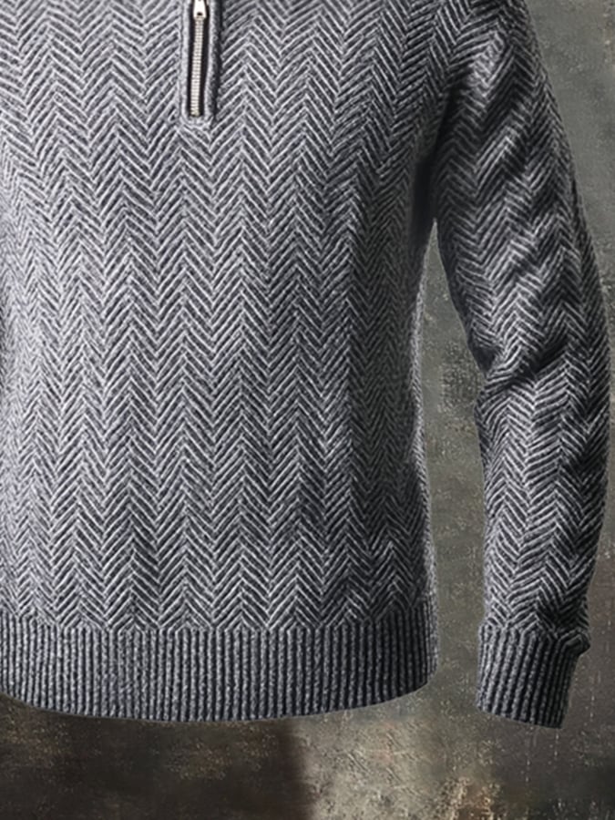 Men's Vintage Herringbone Knit Zip-Up Stand Collar Sweater