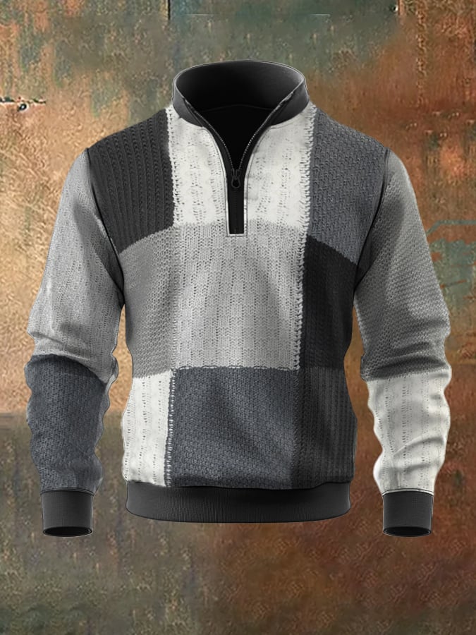 Men'S Casual Retro Contrast Color Half Zip Stand Collar Long Sleeve Sweatshirt