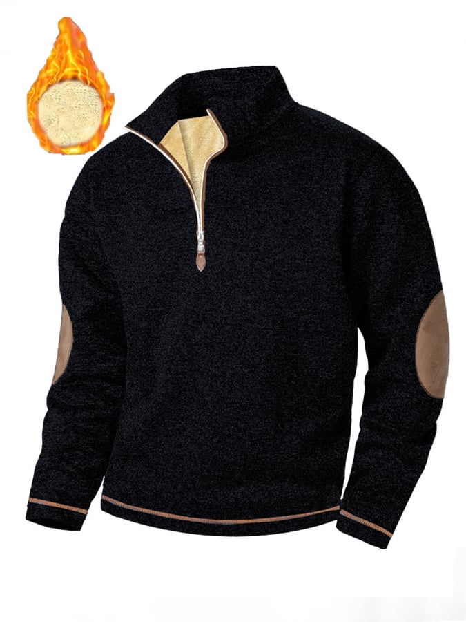 Men's Retro Stitching Contrast Color Lined Lambswool Zipper Neck Sweatshirt