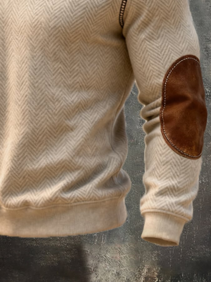 Men's Retro Stitching Contrast Color Herringbone Pattern V-Neck Lapel Sweatshirt