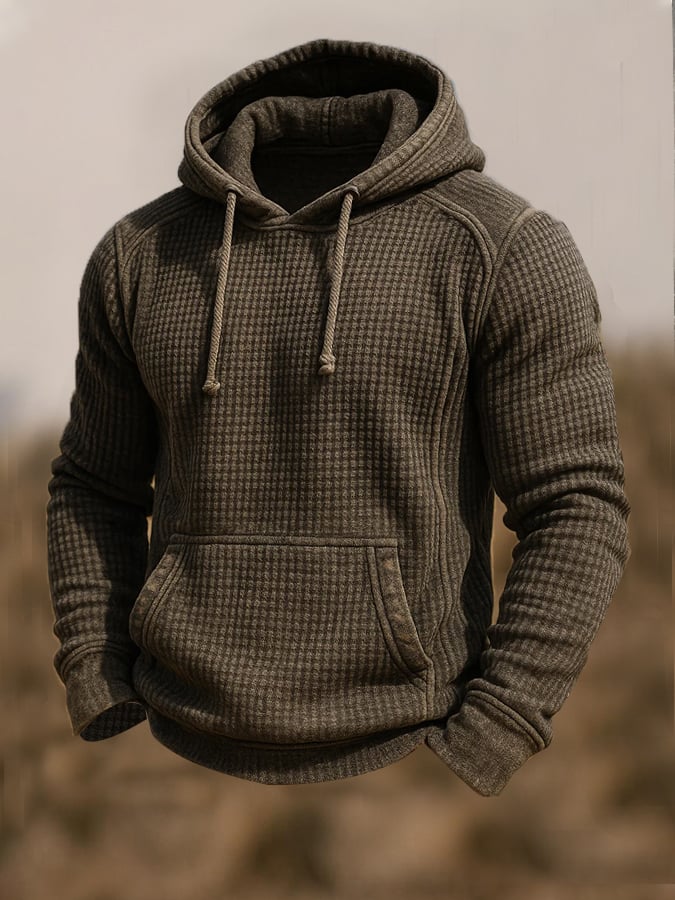Men's Retro Knitted Waffle 3D Texture Hooded Casual Long-sleeved Sweatshirt