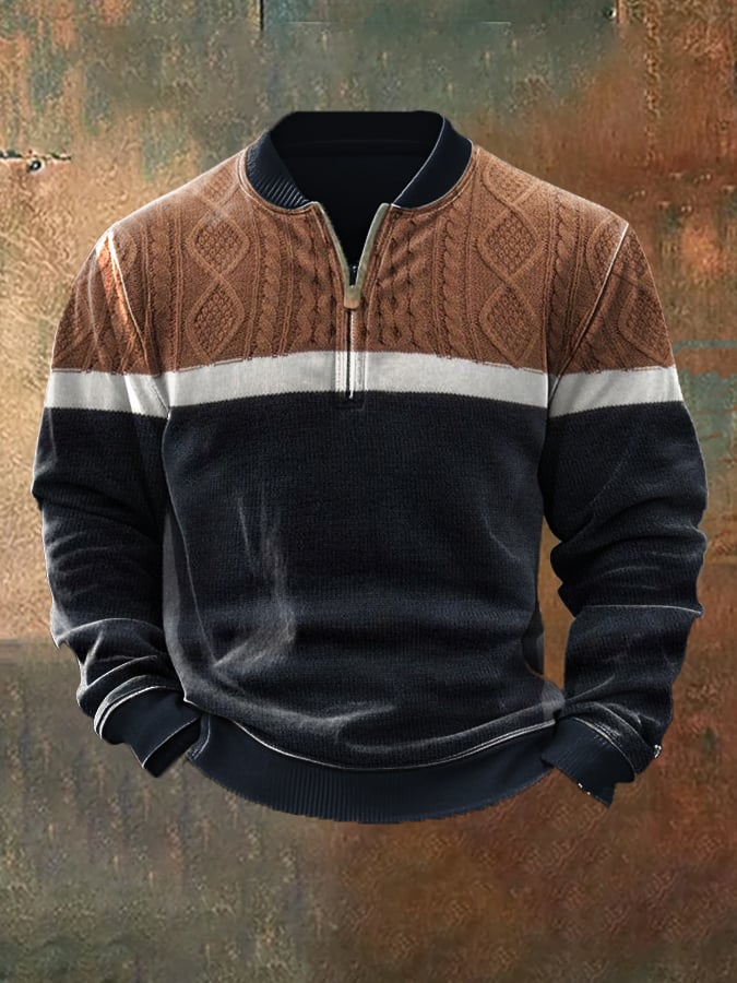 Men'S Casual Retro Contrast Color Half Zip Stand Collar Long Sleeve Sweatshirt