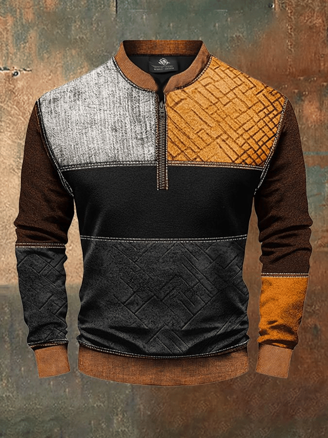 Men'S Casual Retro Contrast Color Half Zip Stand Collar Long Sleeve Sweatshirt