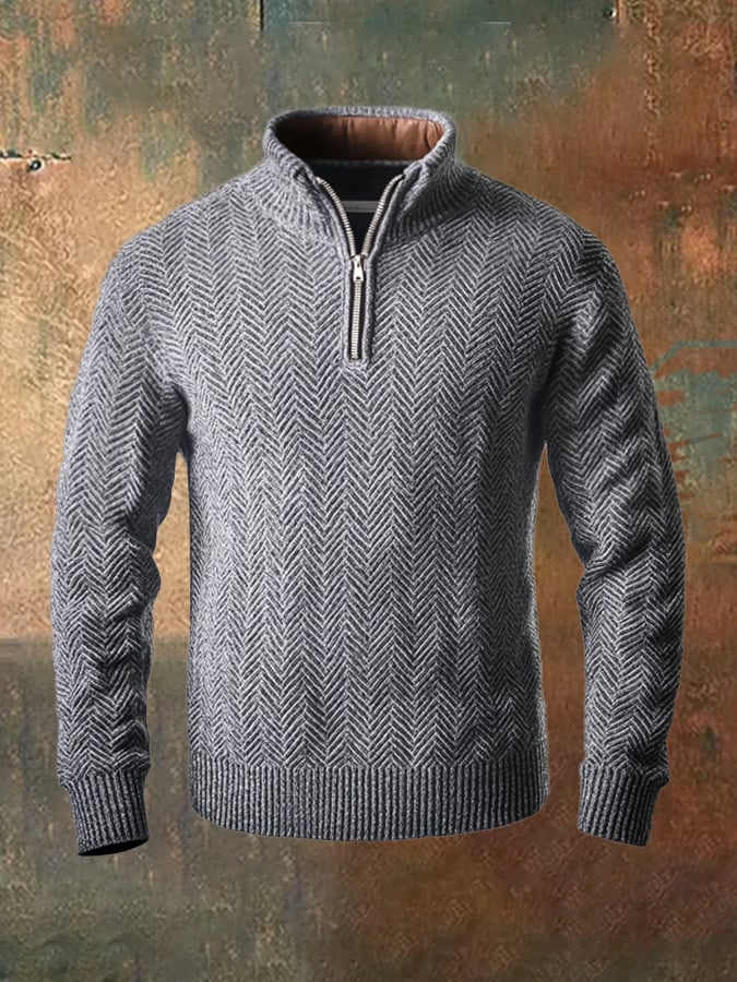 Men's Vintage Herringbone Knit Zip-Up Stand Collar Sweater
