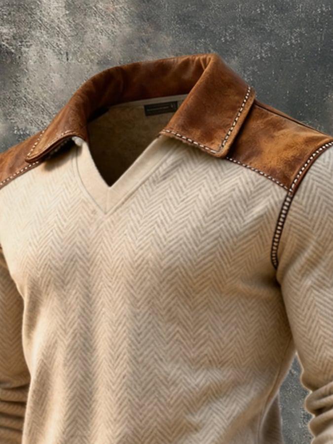 Men's Retro Stitching Contrast Color Herringbone Pattern V-Neck Lapel Sweatshirt
