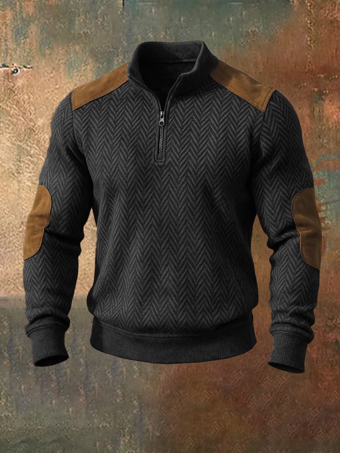 Men'S Casual Retro Contrast Color Zipper Stand Collar Long Sleeve Sweatshirt