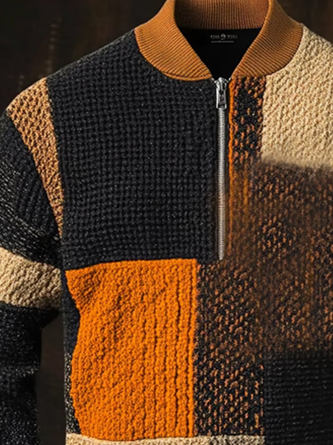 Men'S Casual Retro Contrast Color Half Zip Stand Collar Long Sleeve Sweatshirt