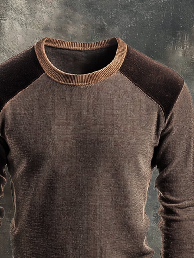 Men's Retro Stitching Contrast Color Casual Knitted Crew Neck Sweater