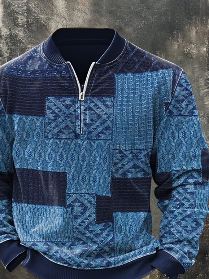 Men'S Casual Retro Contrast Color Half Zip Stand Collar Long Sleeve Sweatshirt