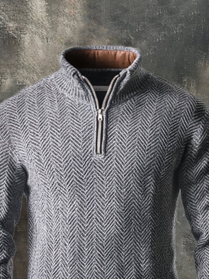 Men's Vintage Herringbone Knit Zip-Up Stand Collar Sweater