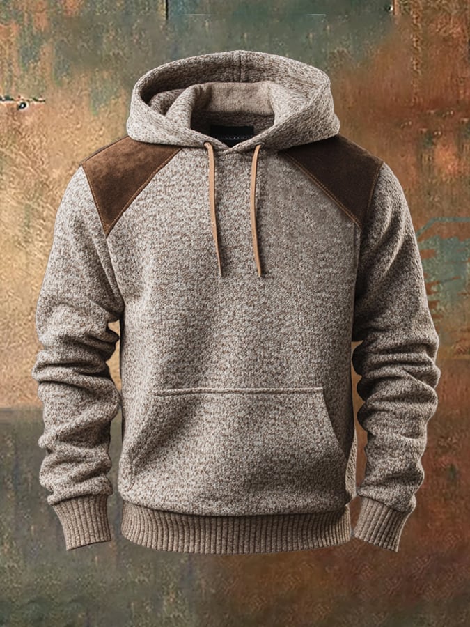 Men'S Vintage Cashmere And Contrast Leather Casual Hooded Sweatshirt