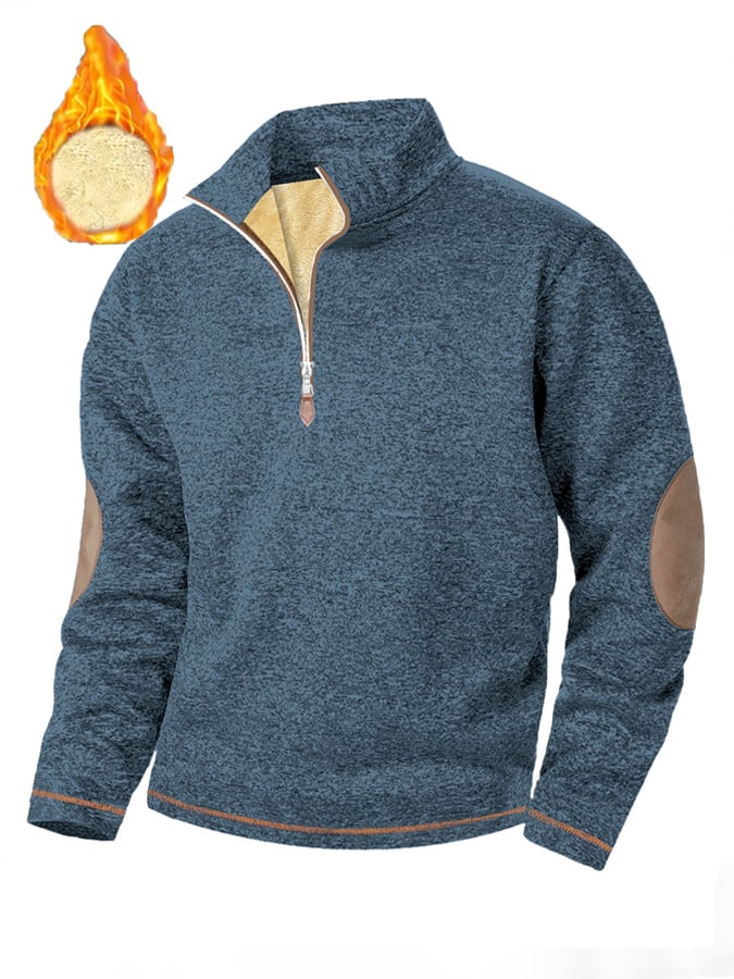 Men's Retro Stitching Contrast Color Lined Lambswool Zipper Neck Sweatshirt