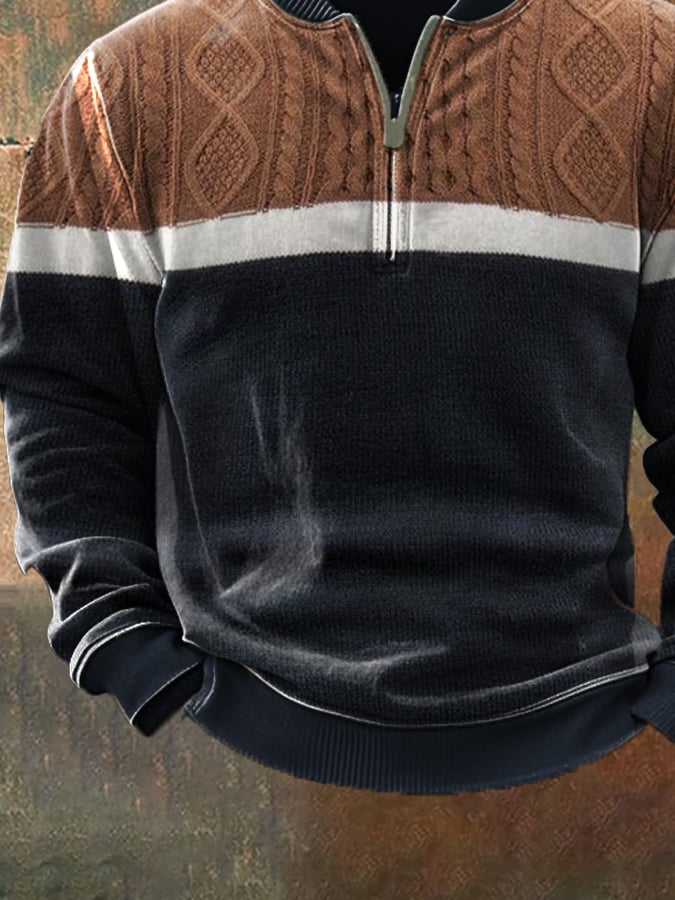 Men'S Casual Retro Contrast Color Half Zip Stand Collar Long Sleeve Sweatshirt