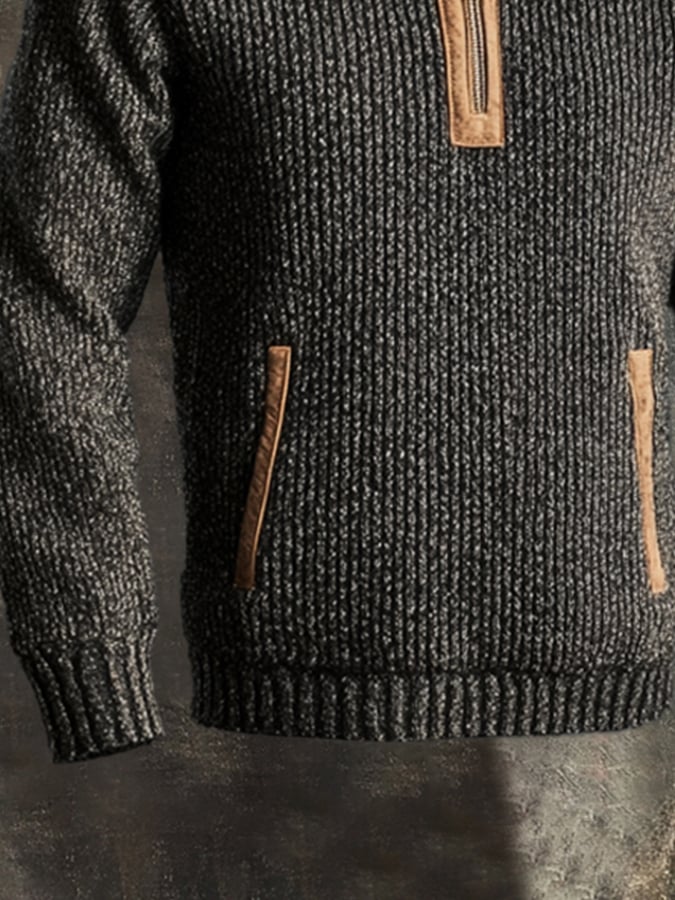 Men's Retro Stitching Contrast Leather Zipper Stand Neck Sweater