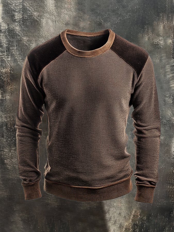 Men's Retro Stitching Contrast Color Casual Knitted Crew Neck Sweater