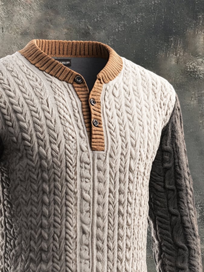 Men's Retro Cable-Twist Textured Henley Neck Sweater