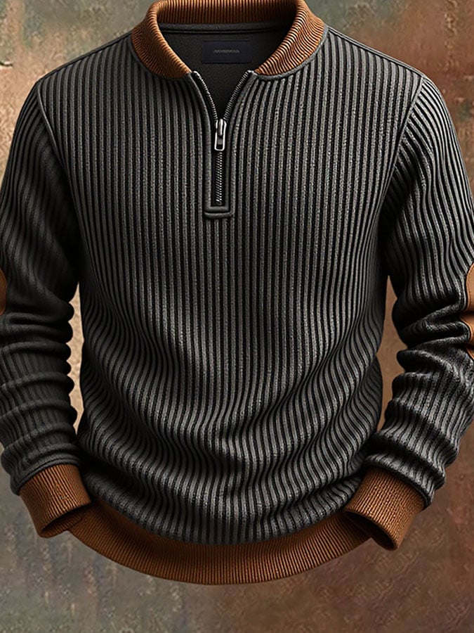 Men'S Casual Retro Contrast Color Half Zip Stand Collar Long Sleeve Sweatshirt
