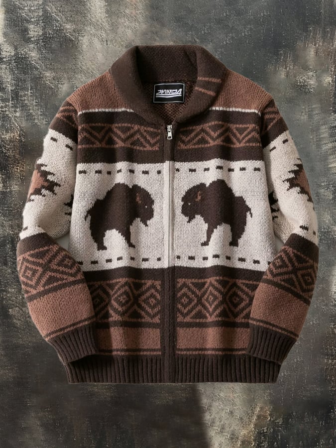 Men's Retro Jacquard Sweater Autumn and Winter Thickened Cardigan Outdoor Sweater