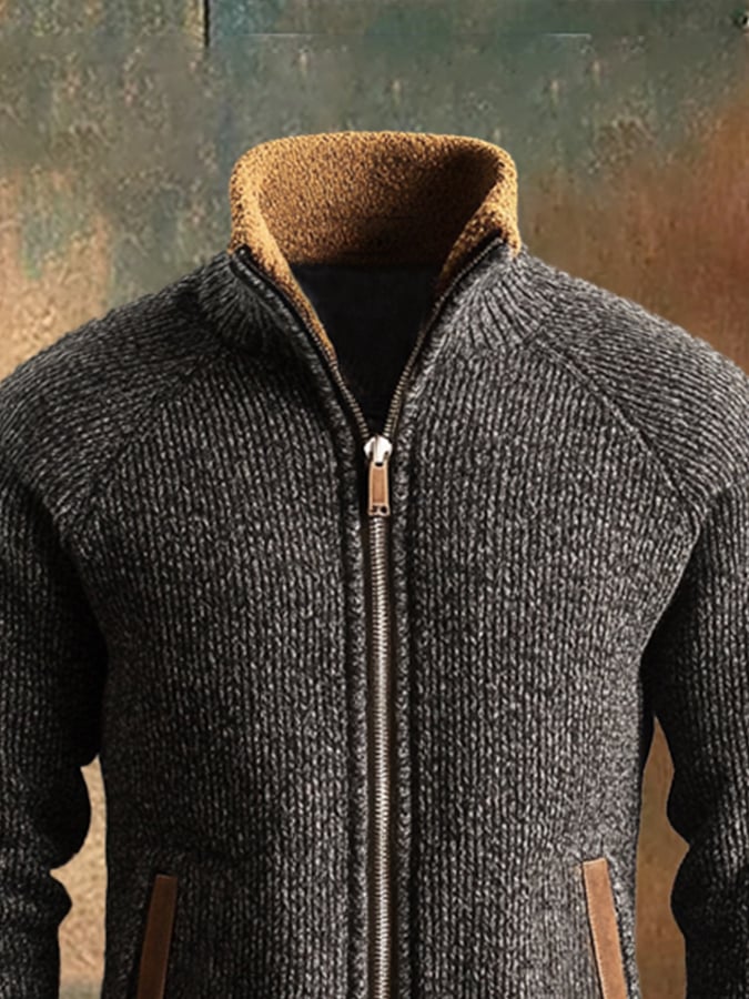 Men's Retro Stitching Contrast Leather Zipper Stand Collar Sweater Jacket