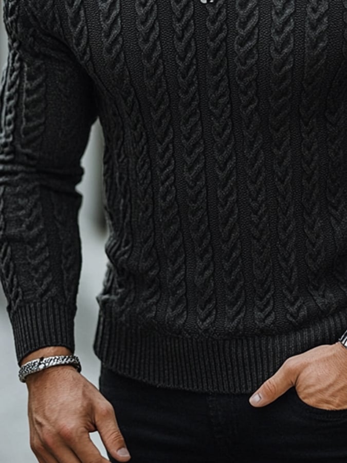 Men'S Fashionable High Elastic Cable Texture Knitted Round Neck Sweater Top