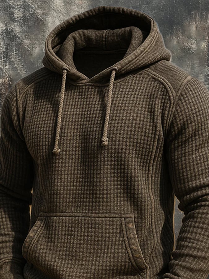 Men's Retro Knitted Waffle 3D Texture Hooded Casual Long-sleeved Sweatshirt