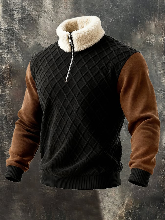 Men'S Warm Plush Half-Zip Stand Collar Knitted Sweater